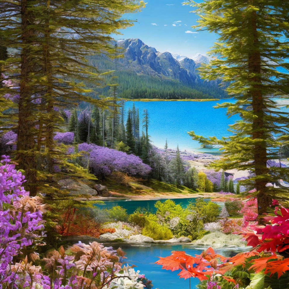 Colorful Mountain Lake Landscape with Flora and Trees