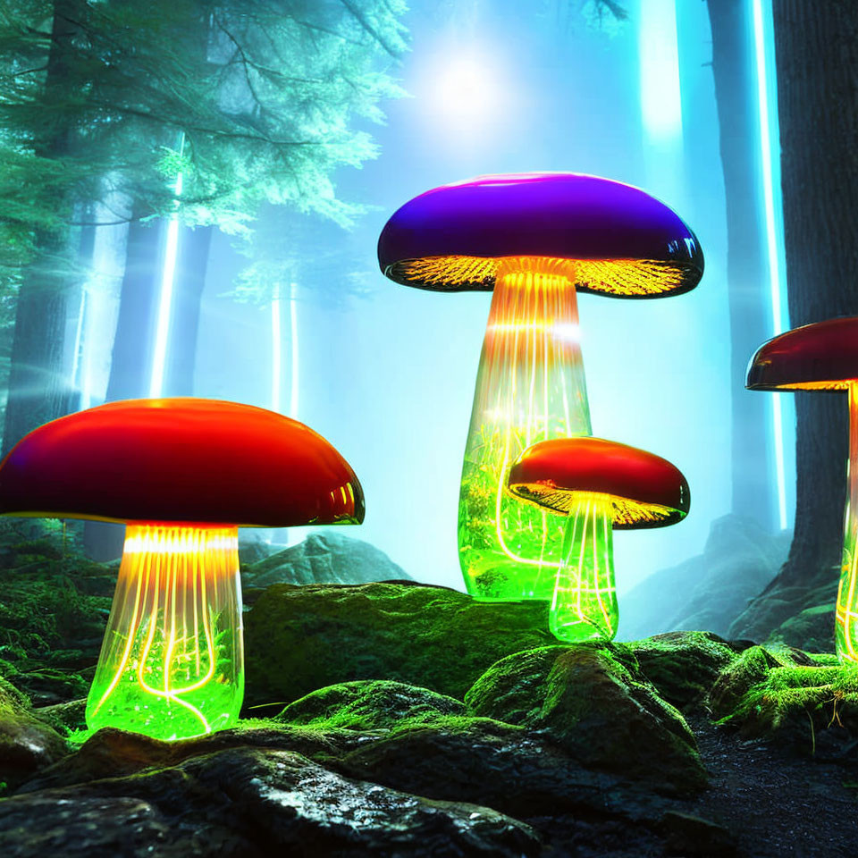 Vibrant red and purple oversized mushrooms in mystical forest scene