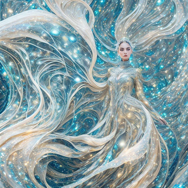 Elaborate cosmic-themed dress on woman with swirling star patterns