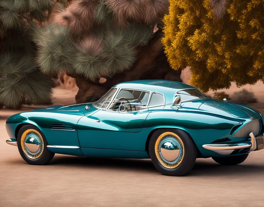 Vintage Teal Sports Car with White-Walled Tires and Warm Backdrop