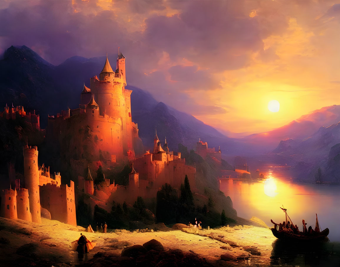 Fantasy castle by lake at sunset with boat and people on shore