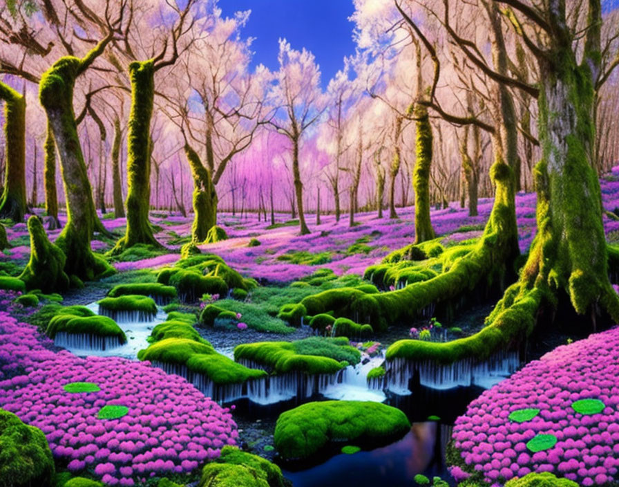 Lush forest with moss-covered trees, stream, pink flora, and purple canopy