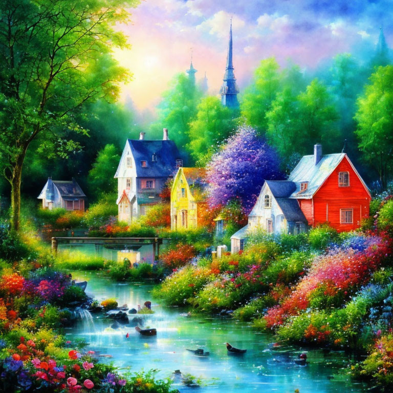 Tranquil riverside landscape with vibrant houses, lush flora, ducks, and castle spire