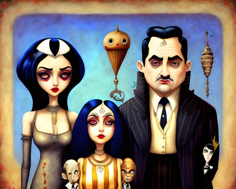 Gothic-styled family illustration with exaggerated features and macabre elements