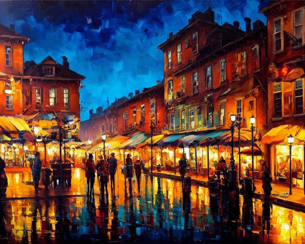 Night street scene with illuminated market stalls and wet cobblestones under blue-toned sky