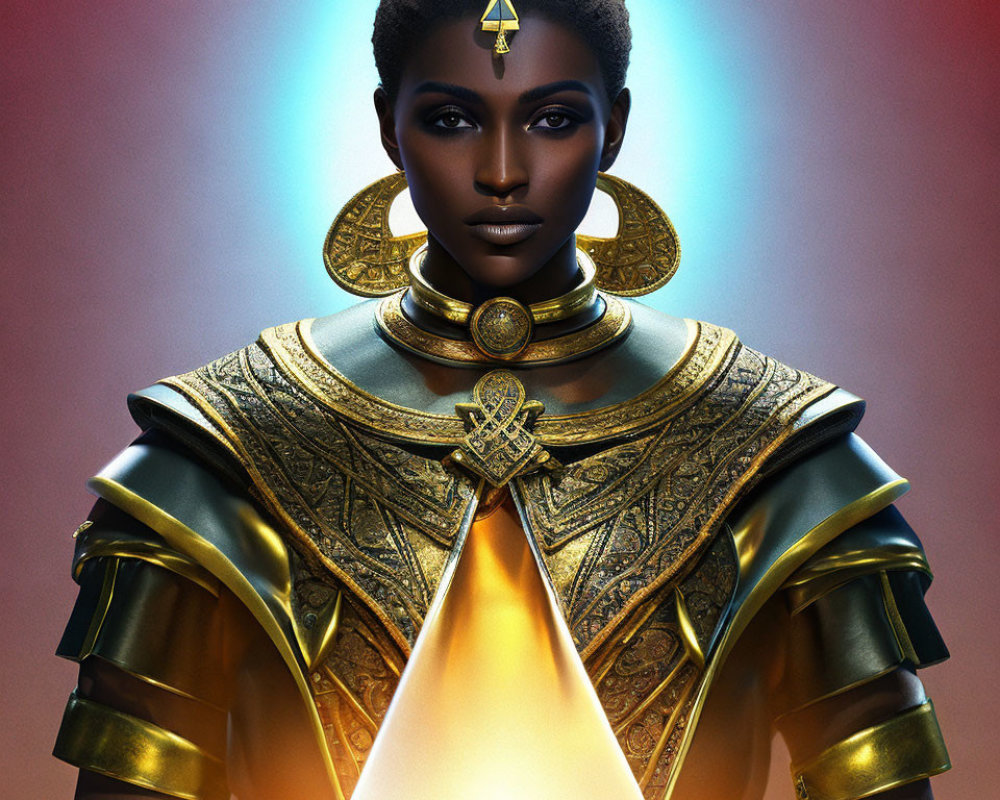 Regal Figure in Gold Armor and Headpiece on Gradient Background
