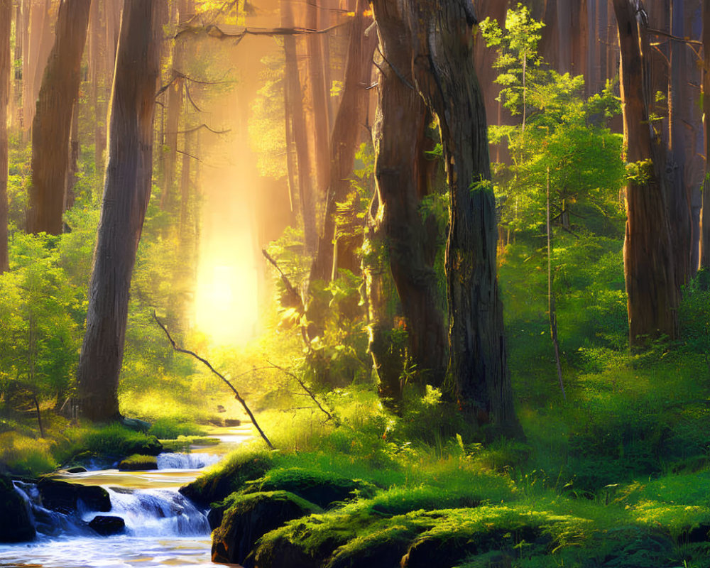 Tranquil stream in lush forest under sunlight