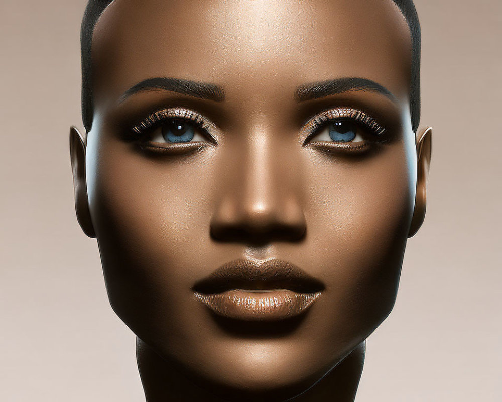 Dark-Skinned Female 3D Rendering with Blue Eyes and Shaved Head