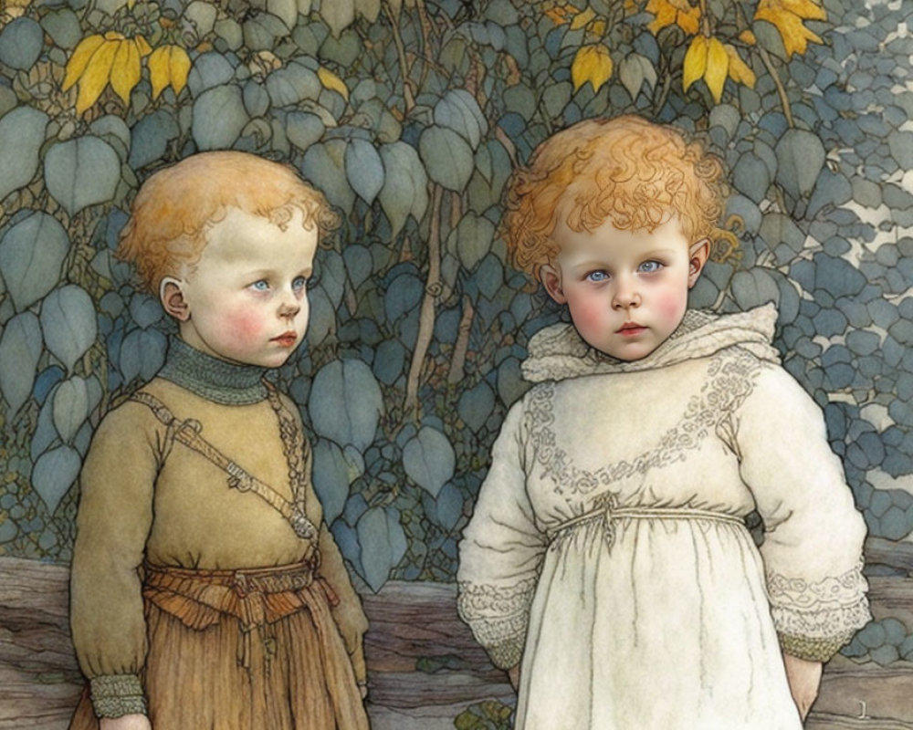 Illustrated Children in Garden with Blue Leaves and Yellow Flowers