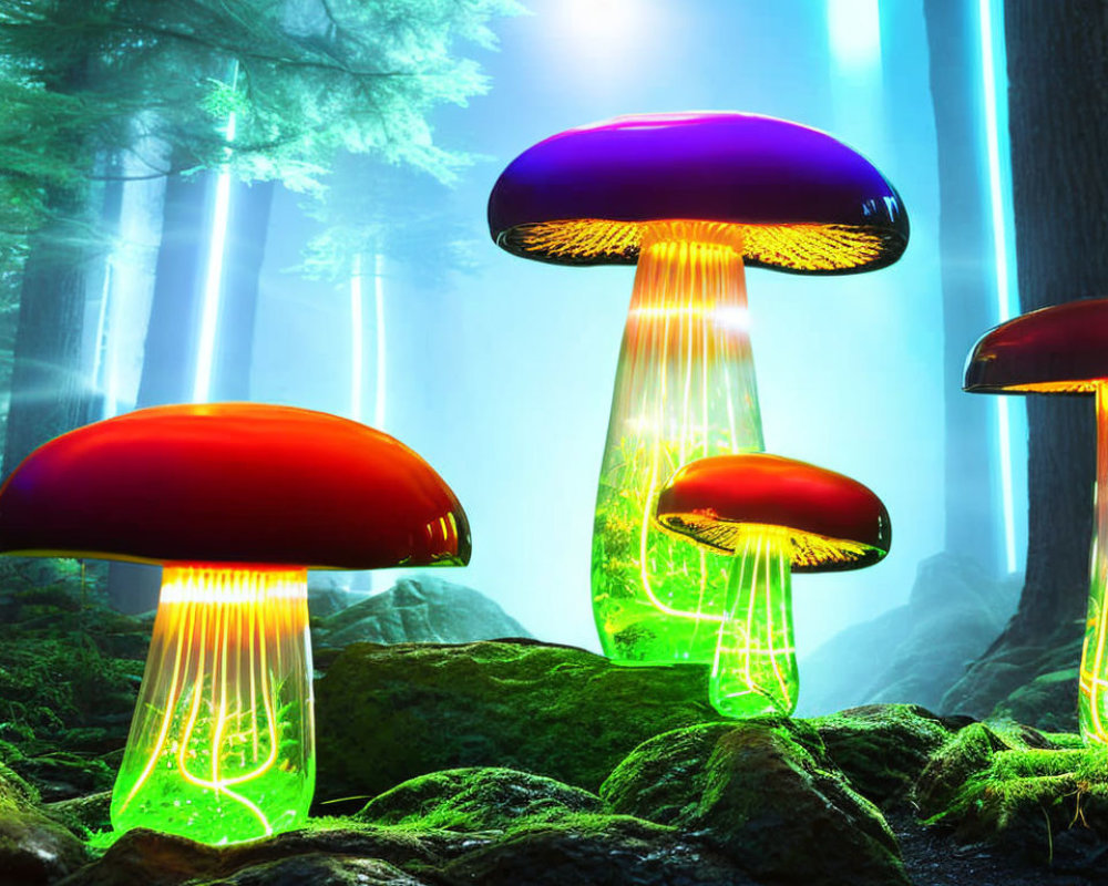 Vibrant red and purple oversized mushrooms in mystical forest scene