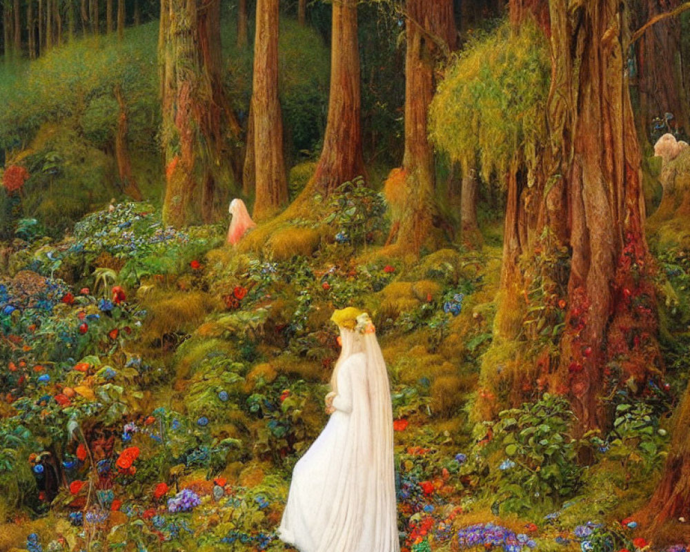 Enchanting forest scene with women in white dresses amid lush flowers