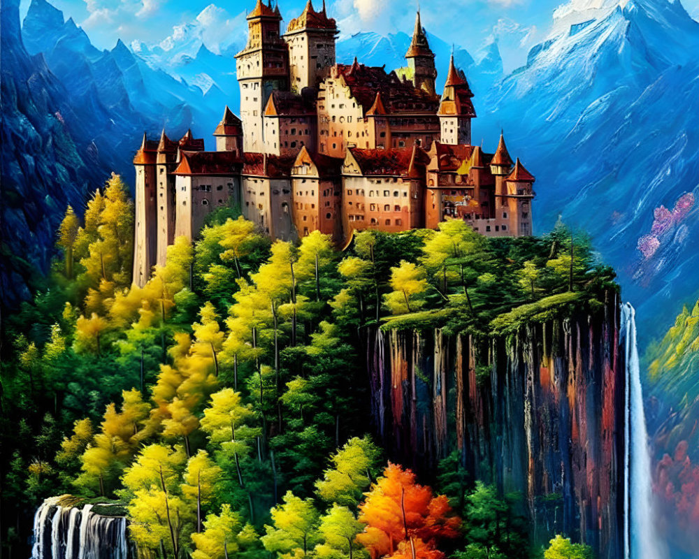 Majestic castle on cliff with autumn trees, waterfall, river, and mountains