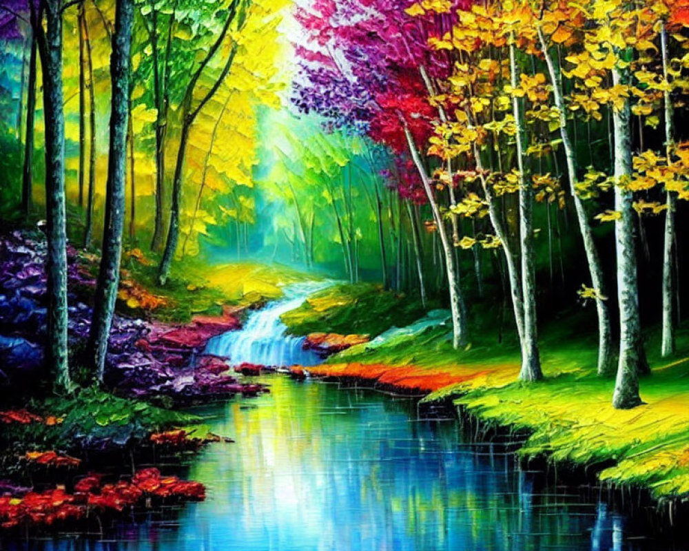 Colorful Autumn Forest Creek Painting with Vibrant Foliage