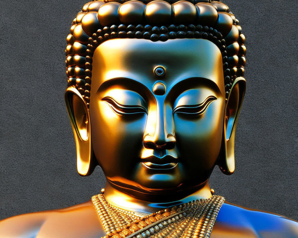Intricately detailed golden Buddha statue on textured gray background