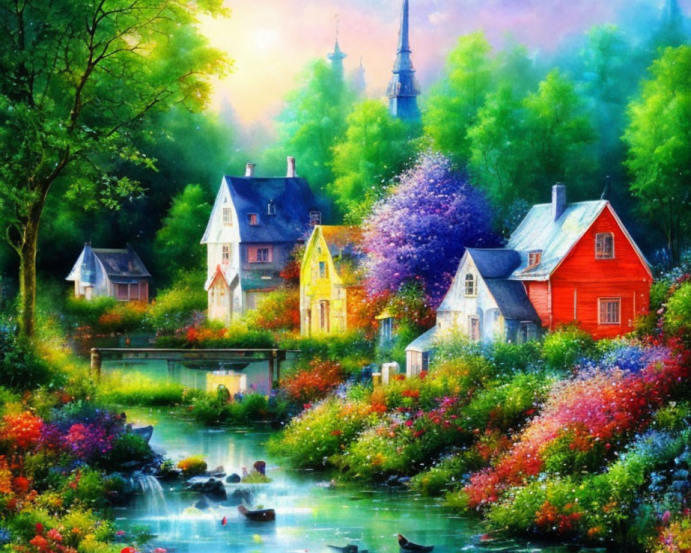 Tranquil riverside landscape with vibrant houses, lush flora, ducks, and castle spire