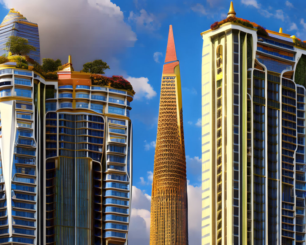 Vibrant futuristic skyscrapers with terraced gardens under blue sky