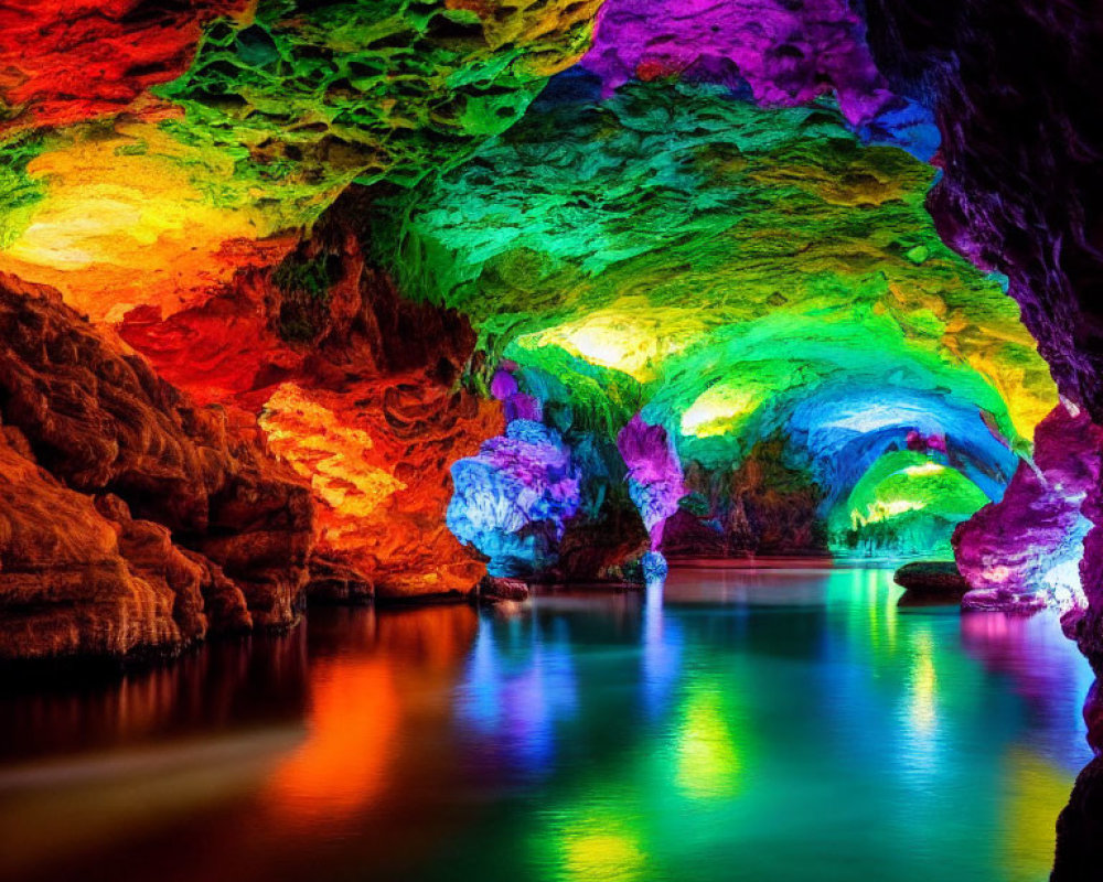 Multicolored illuminated cave with water reflecting lights