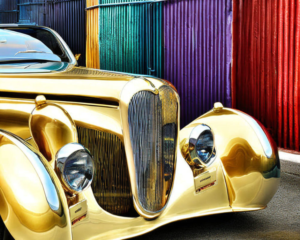 Classic Golden Car Parked in Front of Colorful Metal Walls
