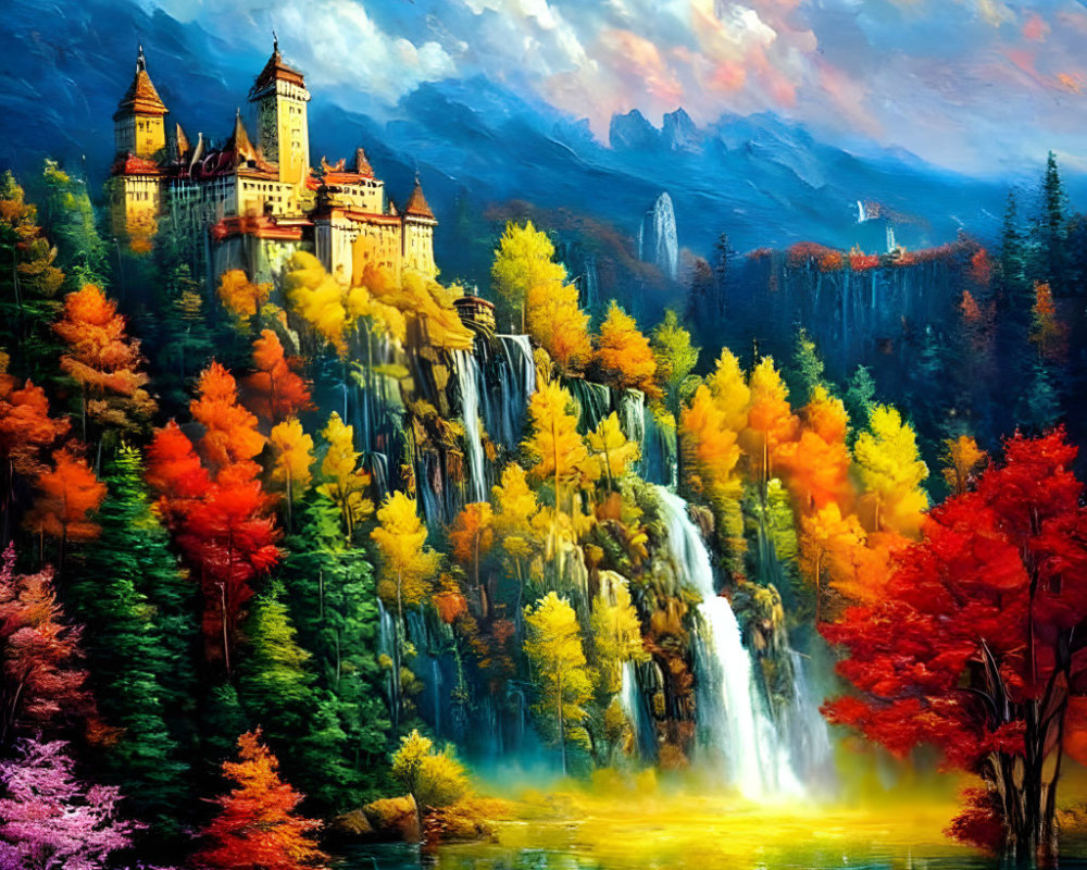 Colorful Fairytale Castle Painting Surrounded by Autumn Forest and Waterfall