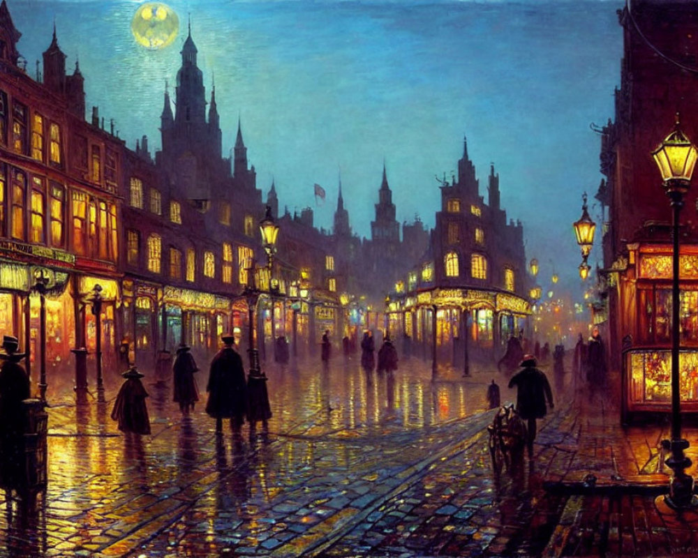 Night cityscape painting: vibrant street scene with full moon