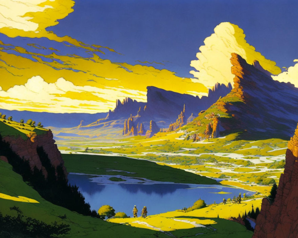 Rolling hills, serene lake, yellow skies: Vibrant animation landscape