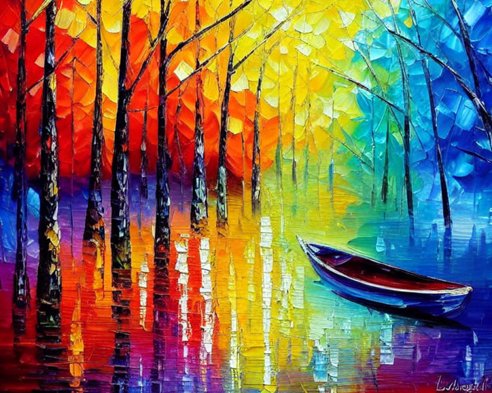 Colorful boat painting with vibrant forest backdrop transition.