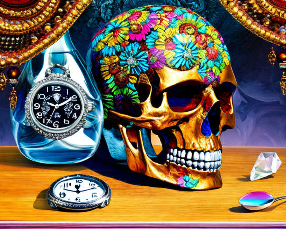 Vibrant image of golden skull with floral patterns and melting clocks