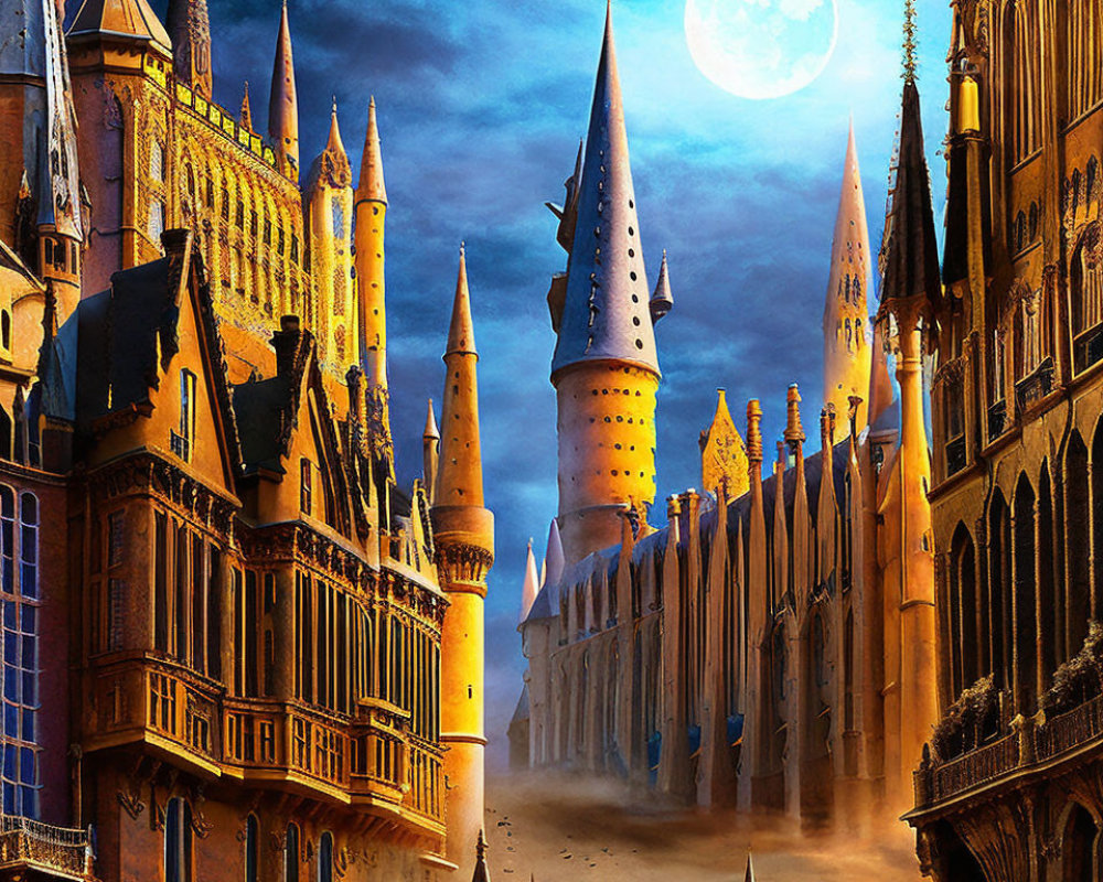 Mystical castle with towering spires under moonlit sky