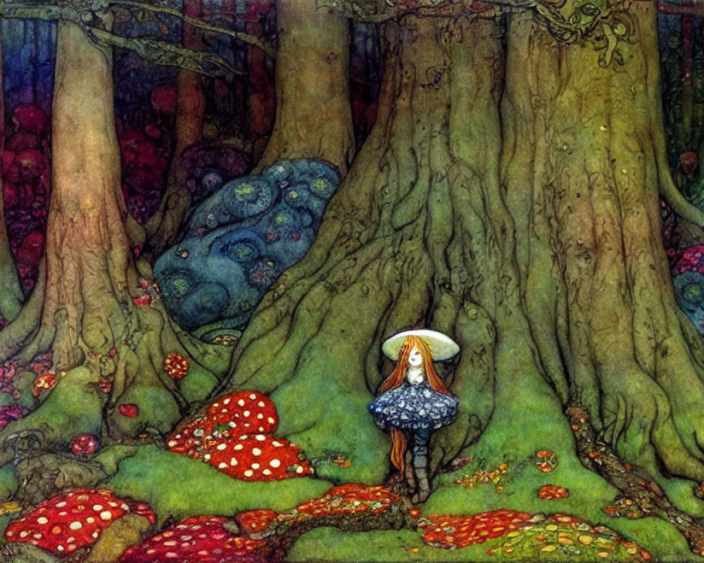 Colorful Illustration: Girl with Umbrella in Enchanted Forest