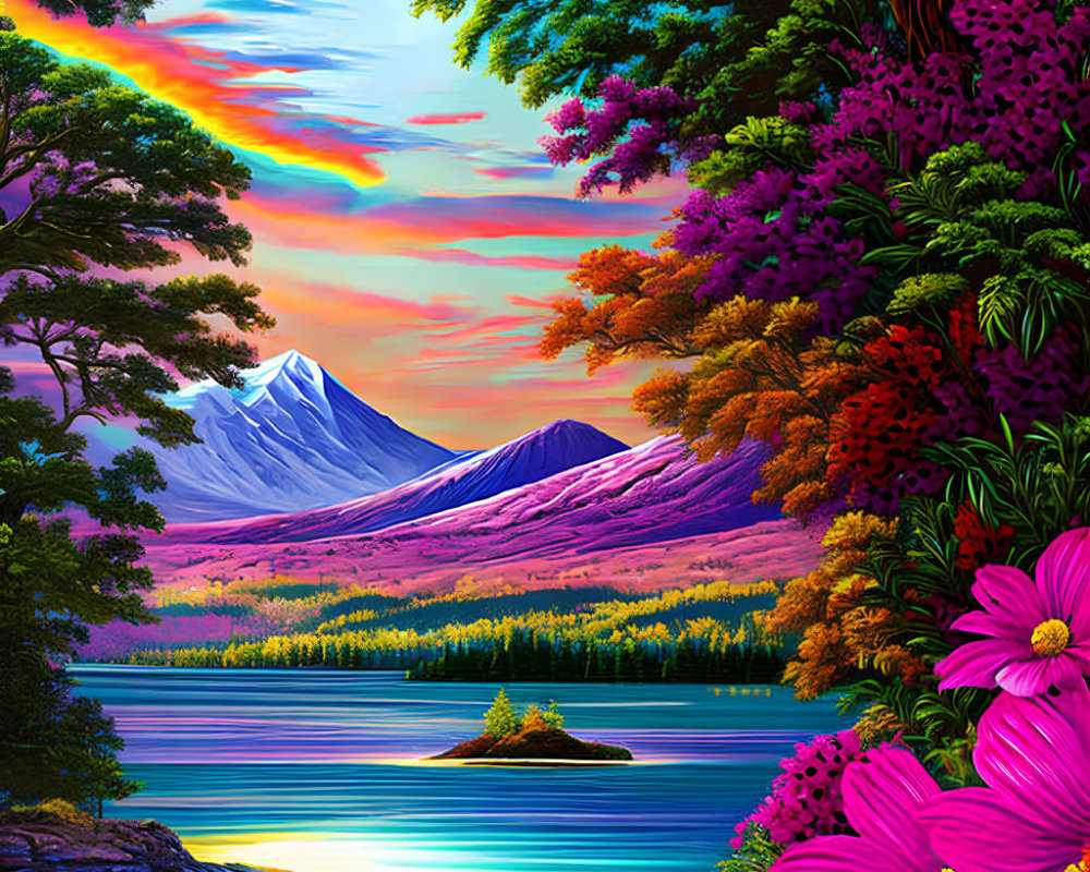 Scenic landscape with rainbow, snowy mountains, lake, and flowers