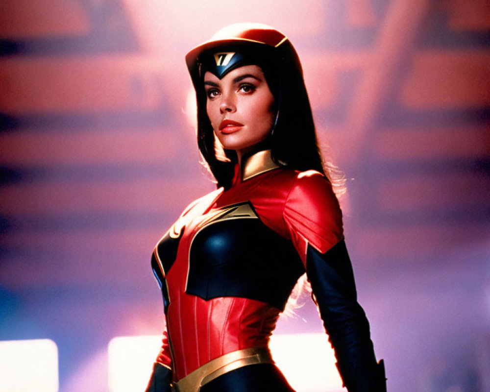 Confident woman in superhero costume with helmet, standing against blurred background