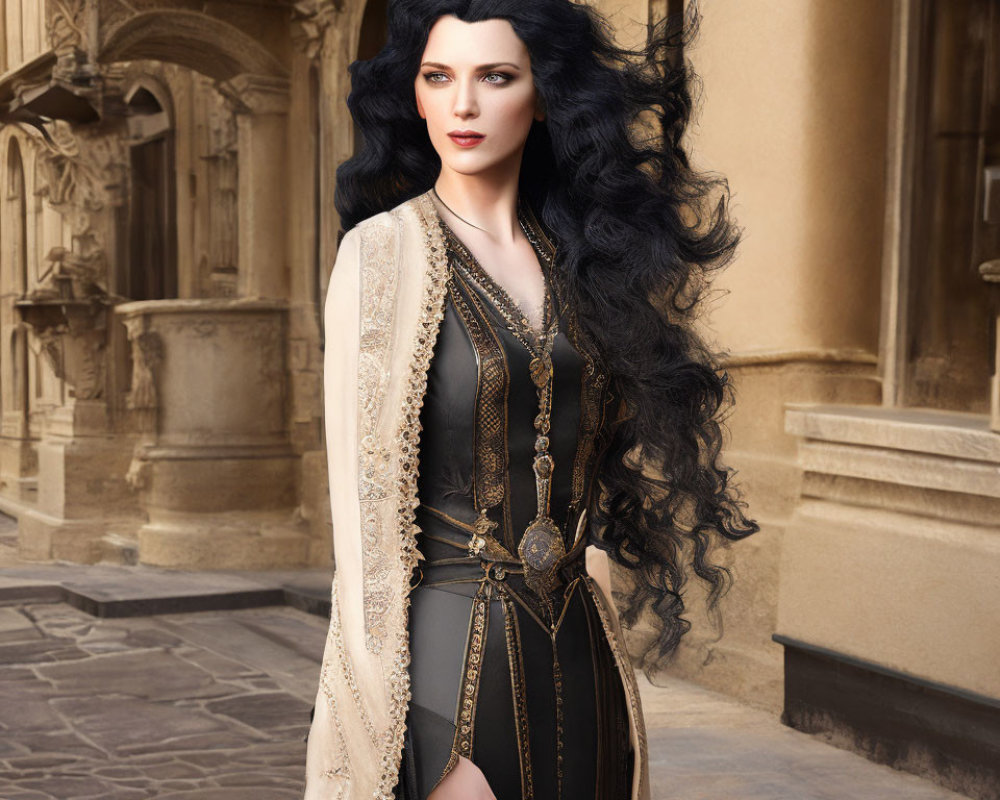 Medieval-style woman with long black hair in dark dress and beige cloak against classic architecture