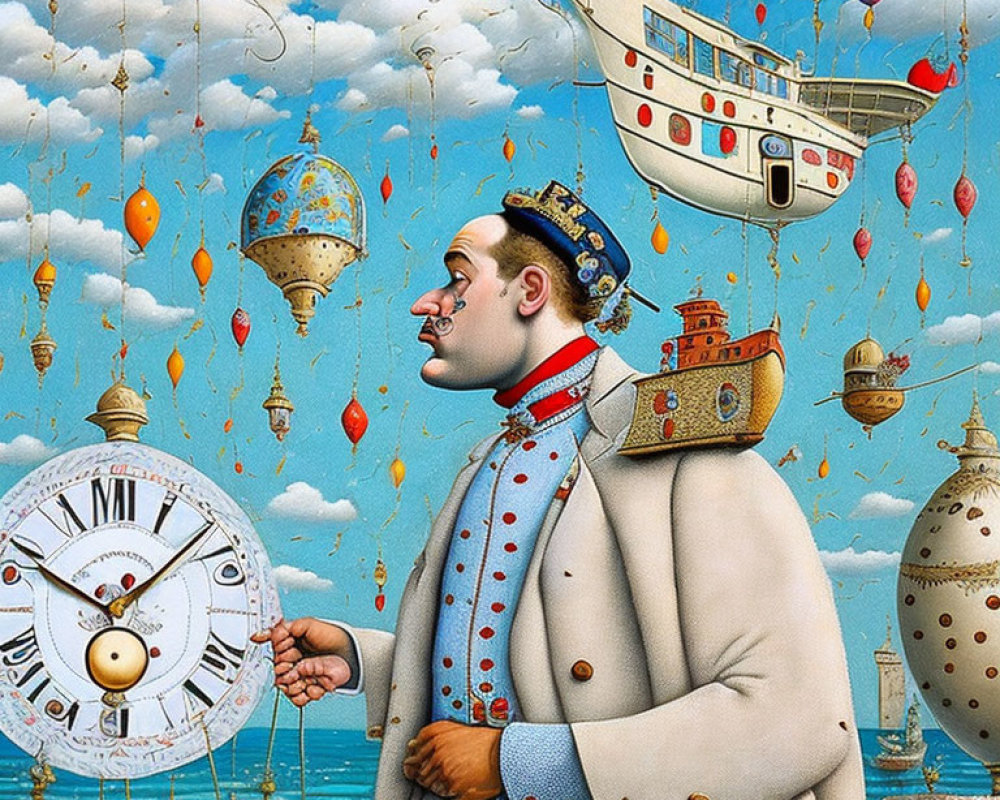 Surreal pierrot holding clock with flying ships and balloons
