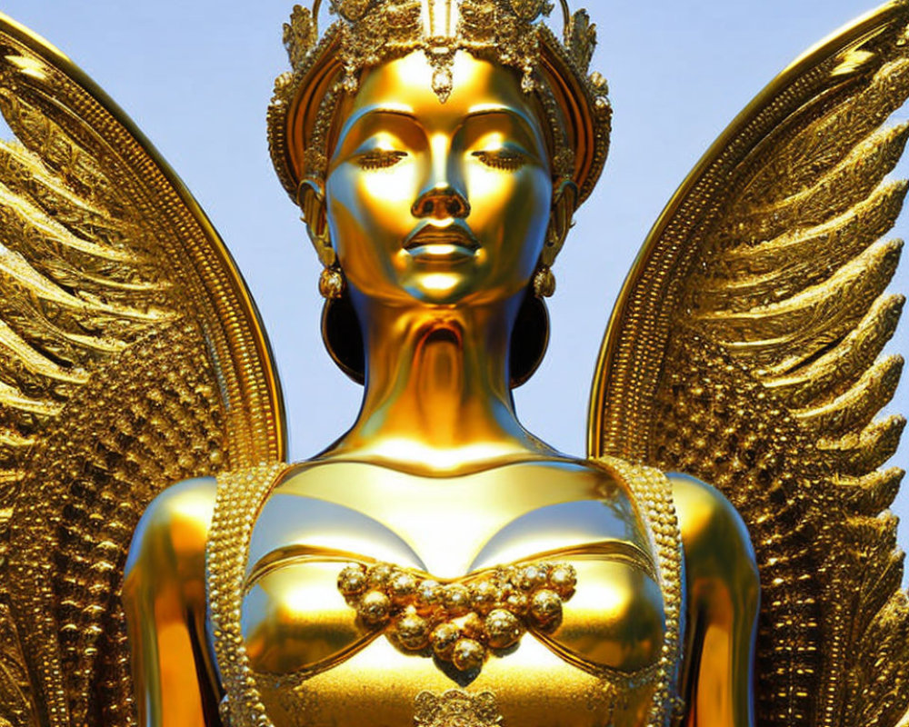 Regal figure with angelic wings and ornate crown in golden statue