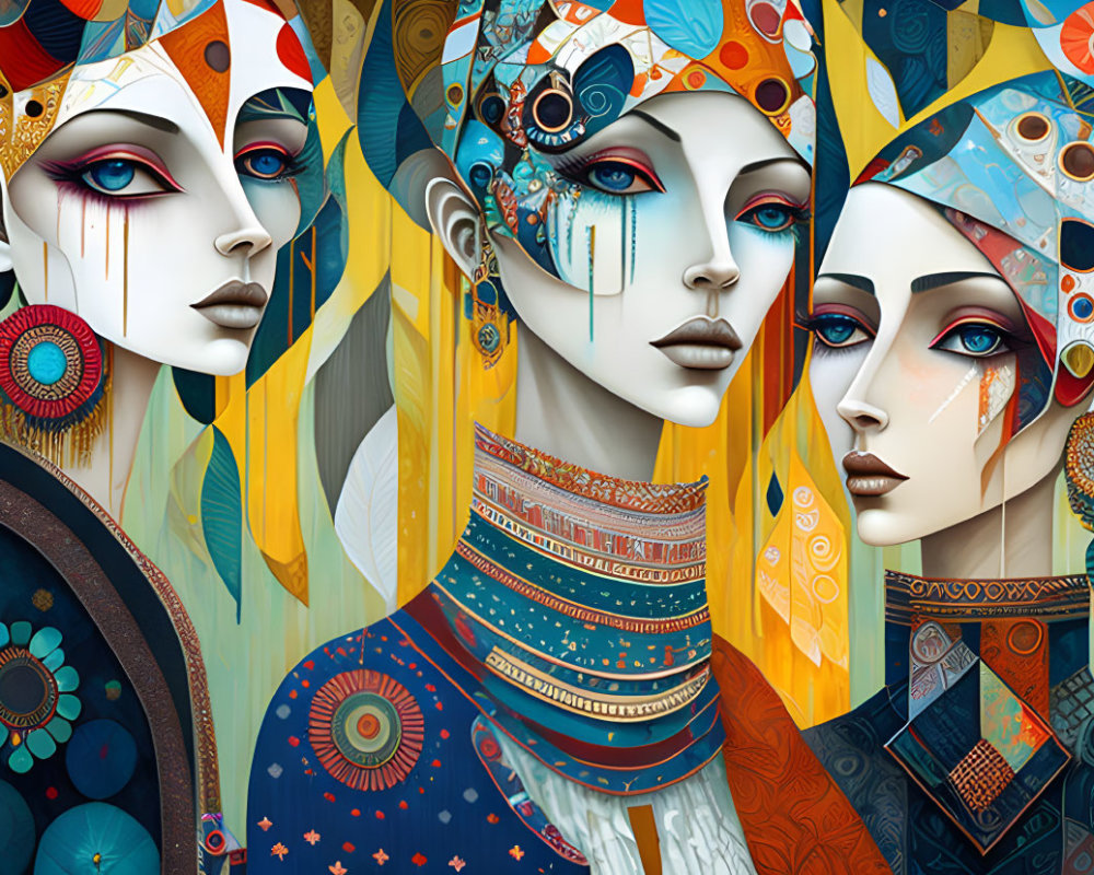 Vibrant artwork featuring three women with modern and tribal patterns