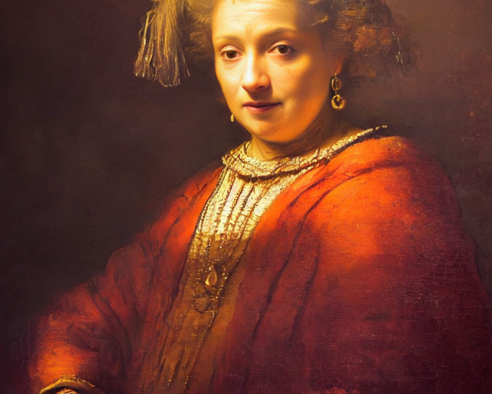 Woman in Red Dress with Adorned Hair in Classic Oil Painting