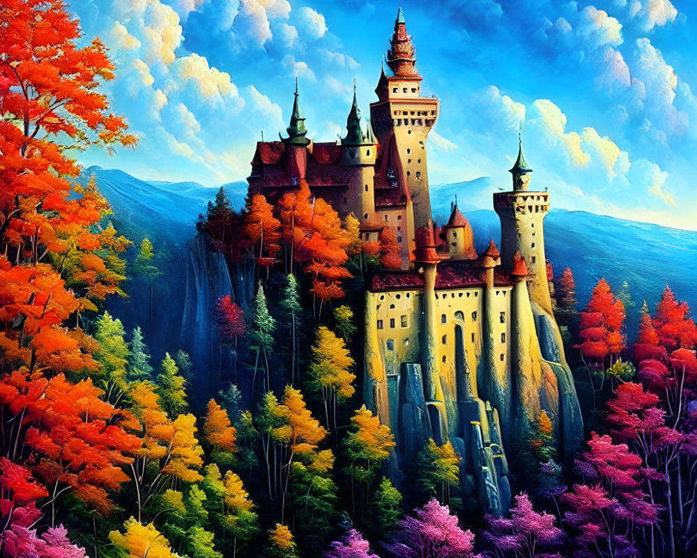 Majestic castle painting with autumn trees on cliff top