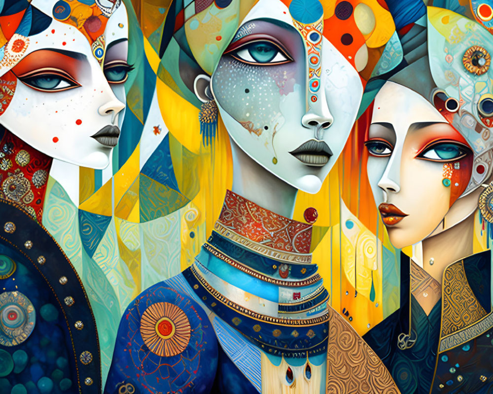 Colorful Stylized Female Figures with Ornate Headdresses