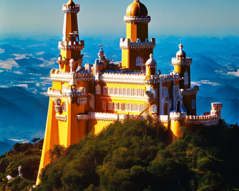 Orange Gothic Castle with Golden Dome Against Blue Sky