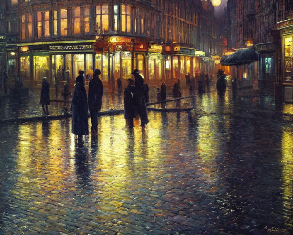 Night scene of people walking on rain-soaked cobblestone street