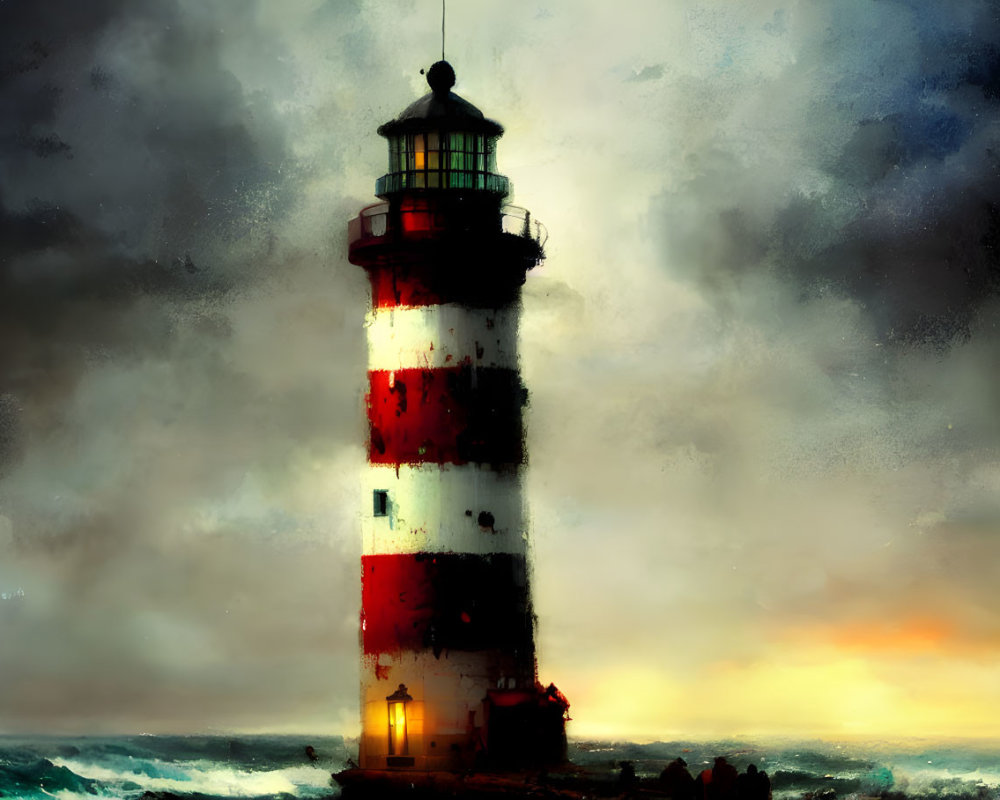 Red and white striped lighthouse in stormy dusk scene with crashing waves