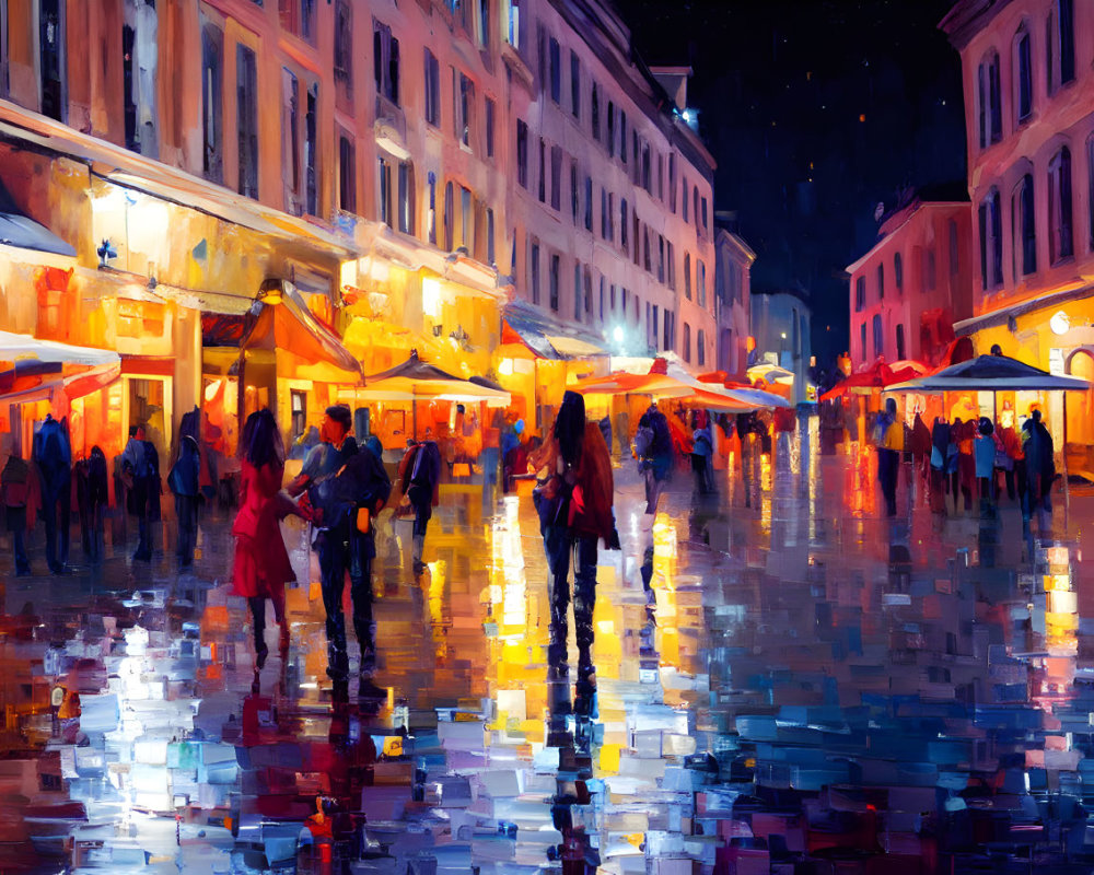 Impressionist-style painting: Rainy night street scene with city lights and pedestrians.