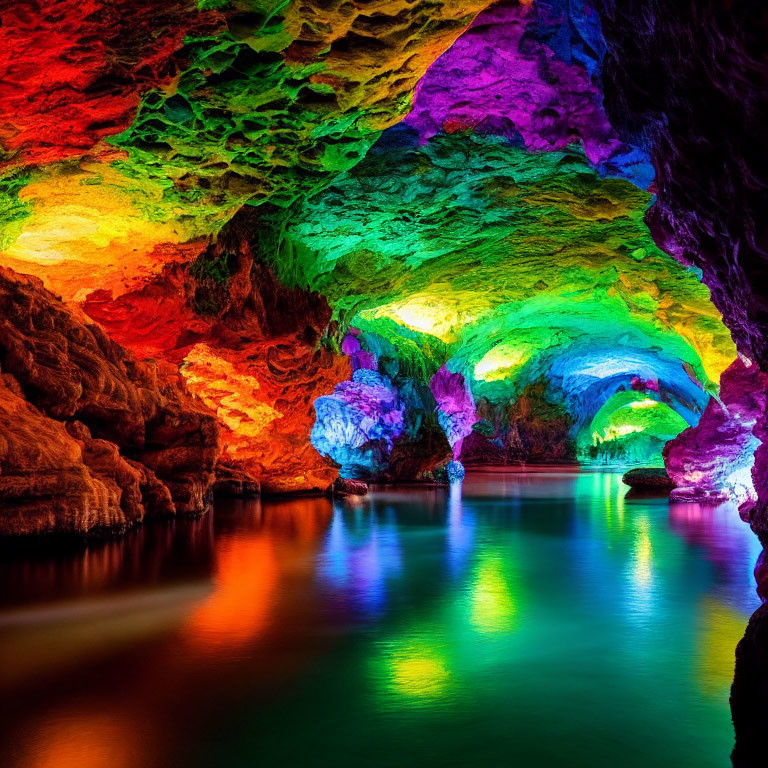 Multicolored illuminated cave with water reflecting lights