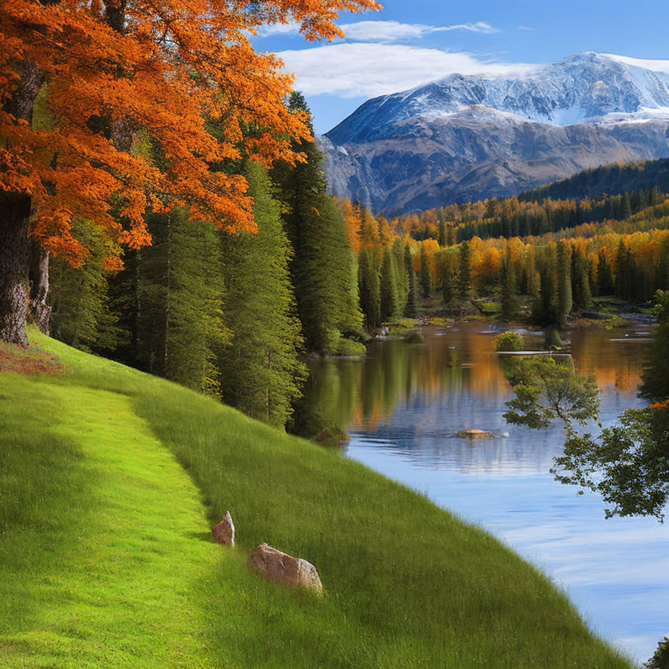 Vibrant Autumn Trees by Calm Lake with Snowy Mountains