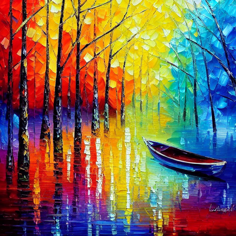 Colorful boat painting with vibrant forest backdrop transition.