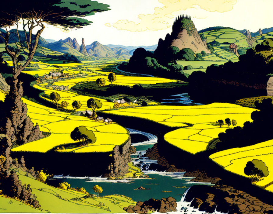 Colorful pastoral landscape with river, canola fields, mountains, and castle.