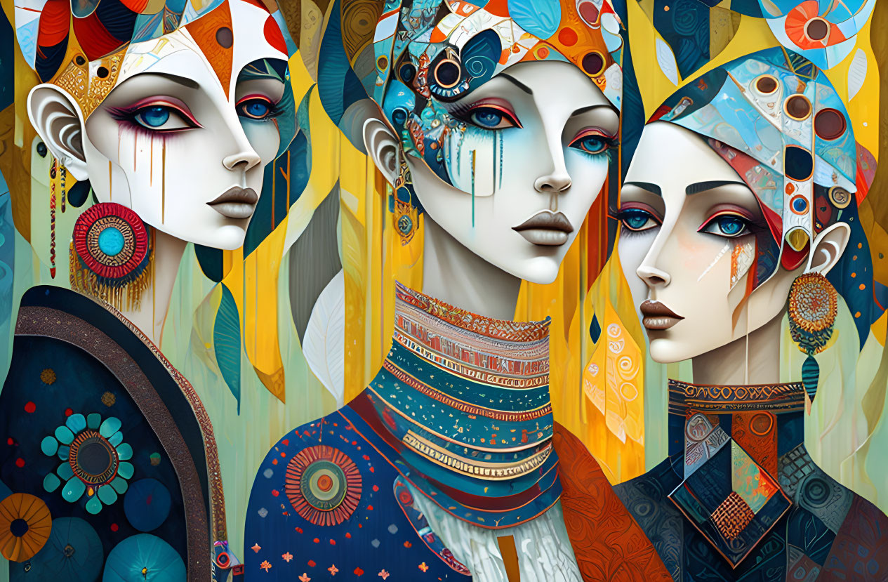 Vibrant artwork featuring three women with modern and tribal patterns