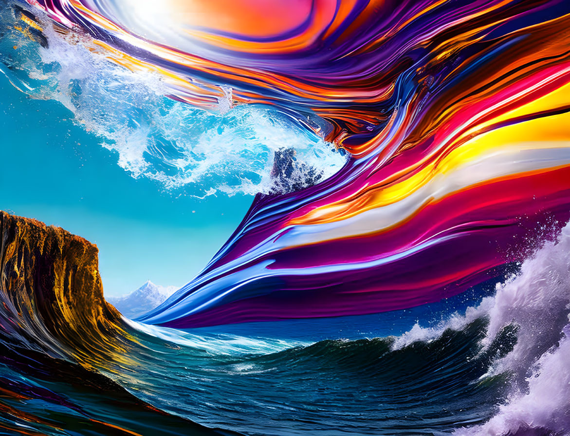 Surreal digital artwork: turbulent ocean waves and rainbow-colored abstract shapes