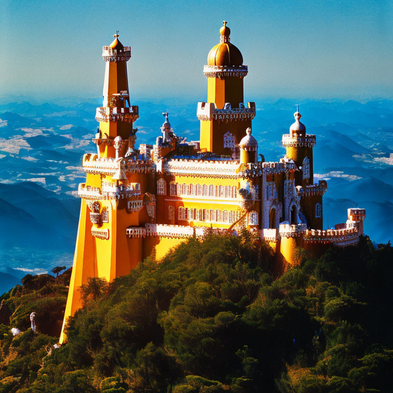 Orange Gothic Castle with Golden Dome Against Blue Sky