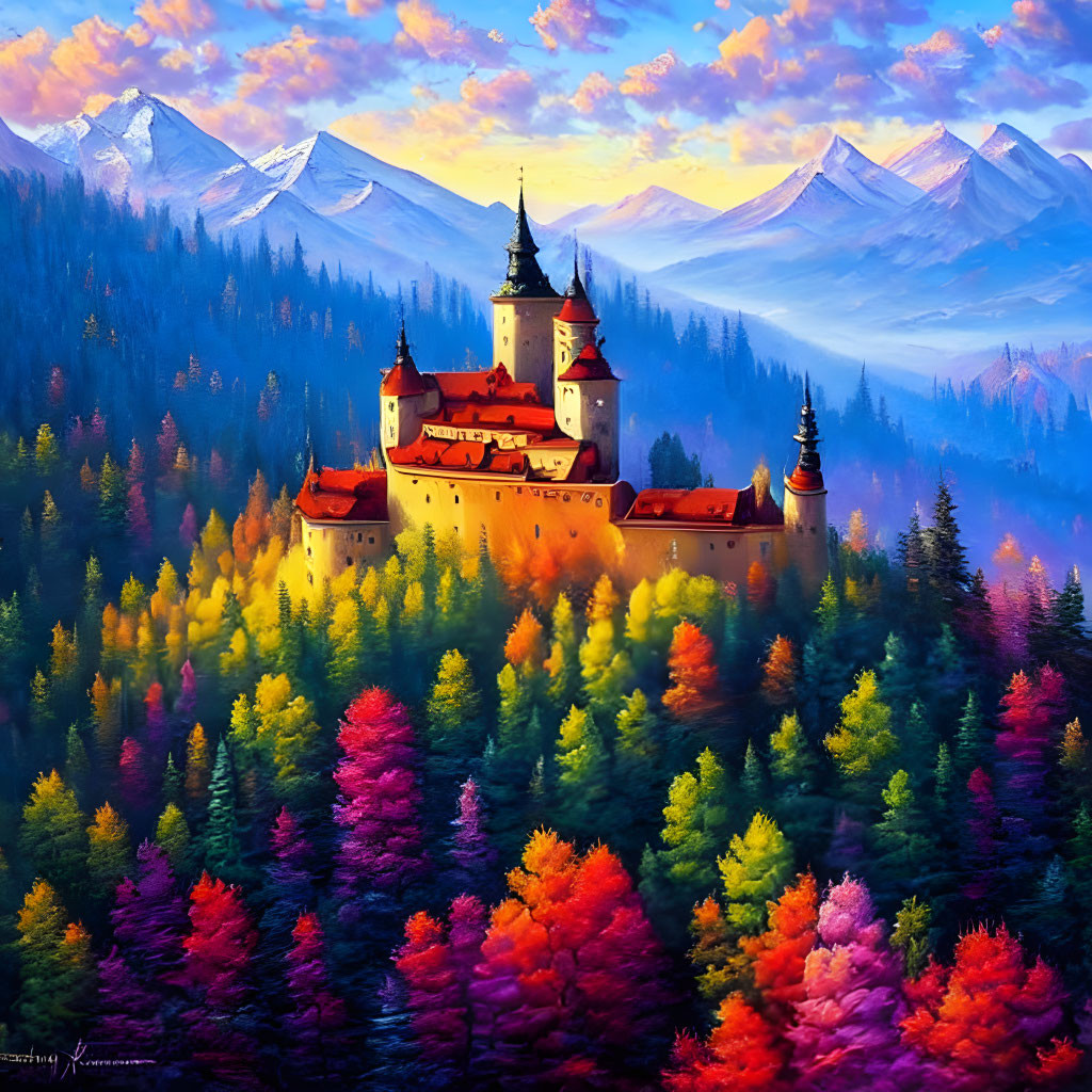 Majestic castle in autumn forest with snow-capped mountains